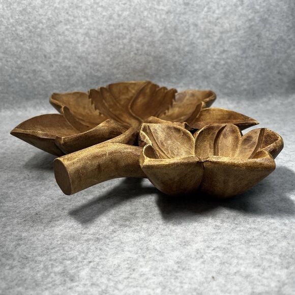 Hand-Carved Wood Bowl Fruit Basket With Carved Leaves Handle Centerpiece MCM Vtg - Picture 8 of 12